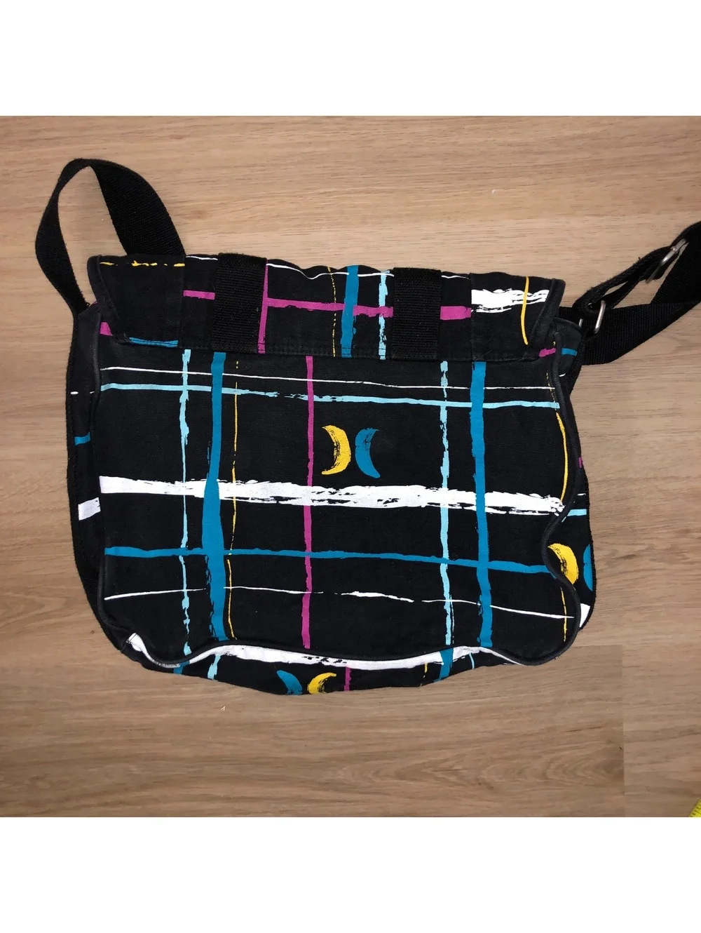 Vintage Hurley Wide Strap Shoulder Courier Messenger Tote Bag Y2K Black Rainbow
